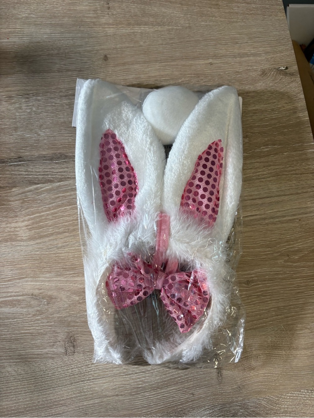 White Bunny Ear Headband with Pink Sequin Bow